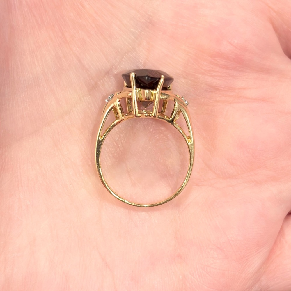 Vintage Pear Cut Smoky Quartz Ring: 14K Yellow Gold Filigree, Diamond, Size 7.5 - Picture 10 of 11